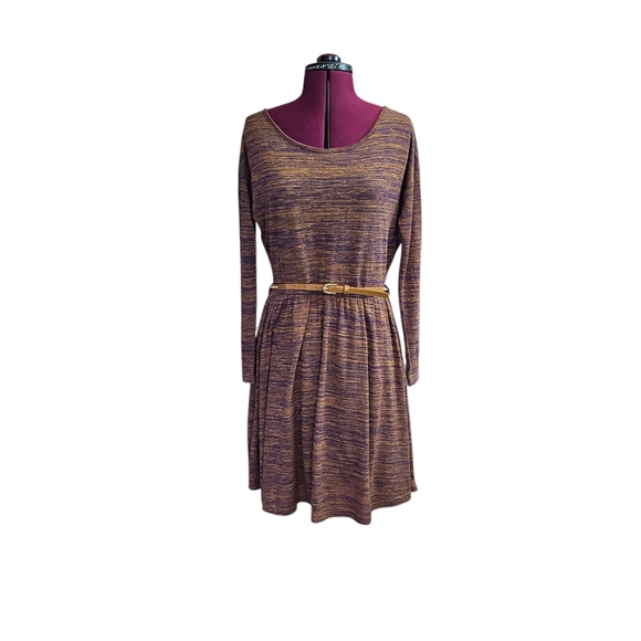 Yumi Brown and Cream Scoop Neck Long Sleeve Sweater Dress - Picture 1 of 12
